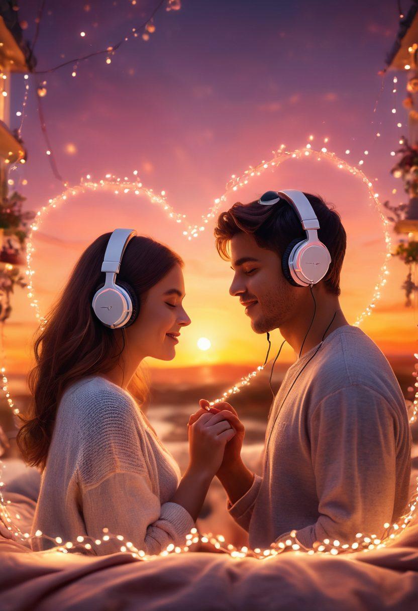 A cozy scene of a couple sharing headphones, immersed in music, surrounded by soft, glowing fairy lights. A heart-shaped album cover floats nearby, filled with vibrant colors and romantic titles. The background features a subtle sunset, casting a warm glow, symbolizing love and togetherness. Illustrate emotions of joy and connection. super-realistic. vibrant colors. soft focus.