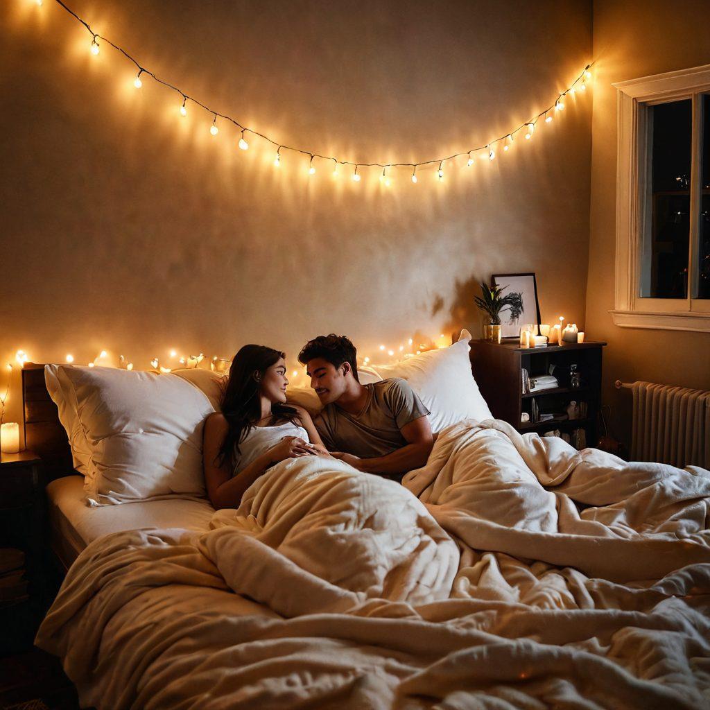 A cozy dimly-lit room featuring a couple sharing a romantic moment, surrounded by soft pillows and warm blankets. Ambient lighting from candles and fairy lights enhances the intimate atmosphere. Include a multimedia setup with a projector displaying a romantic movie, and soft music notes visually flowing in the air. The scene should evoke warmth, passion, and connection. super-realistic. warm colors. soft focus.