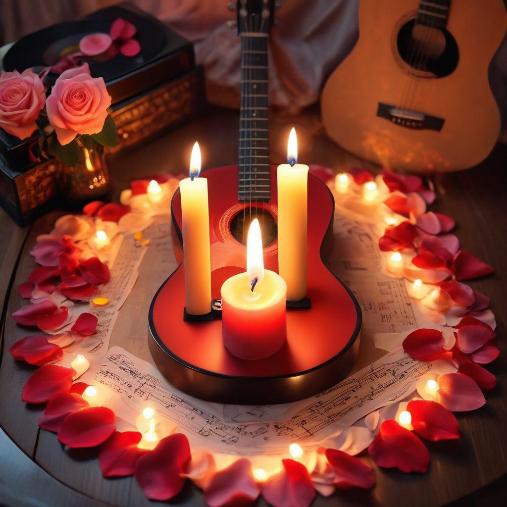 A cozy romantic setting with a softly glowing heart-shaped candle, surrounded by vinyl records, a guitar, and scattered rose petals. A couple is immersed in music, creating a warm, inviting atmosphere with gentle lighting. The background features musical notes swirling through the air, symbolizing love through song. super-realistic. warm colors. soft focus.